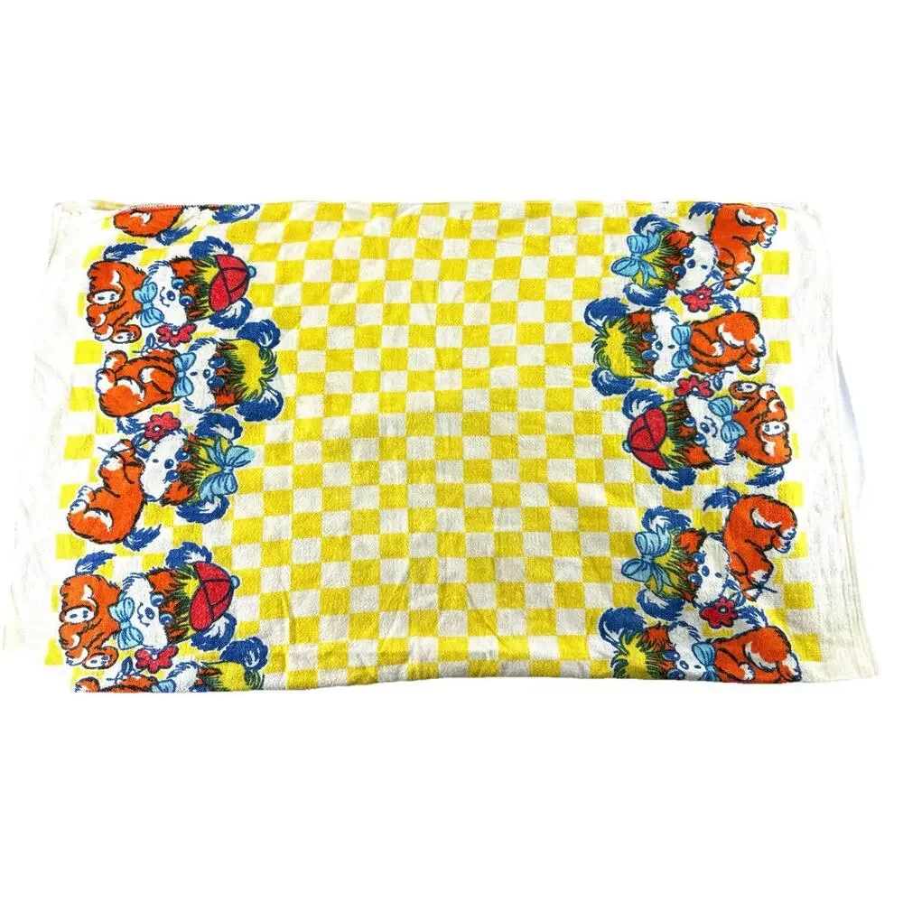 Vintage Puppy Dog Baby Blanket Terrycloth Yellow Checkered Retro Nursery 28x34